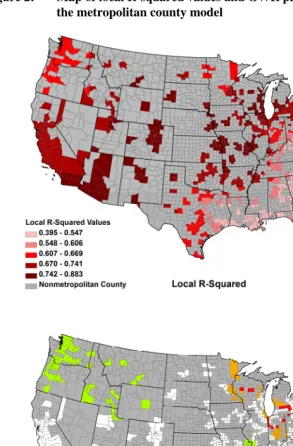 Figure 2: Map of local R-squared values and GWR parameter estimates for the metropolitan county model 