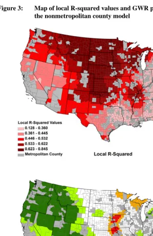 Figure 3: Map of local R-squared values and GWR parameter estimates for the nonmetropolitan county model 