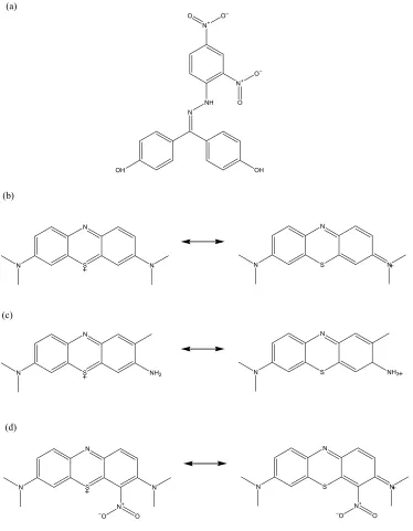 Figure 2.1.  Structures of (a) 4,4’-Dihydroxybenzophenone-2,4-dinitrophenylhydrazone (A007)(1), (b) methylene blue (MEB), (c) toluidine blue (TB), and (d) methylene green (MEG)