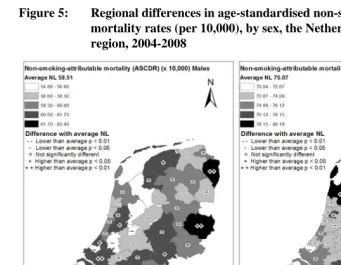 Figure 5: Regional differences in age-standardised non-smoking-attributable mortality rates (per 10,000), by sex, the Netherlands, by NUTS-3 