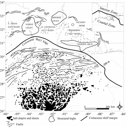 Figure 4. Map of onshore and offshore Louisiana showing position of salt bodies, faults, structural highs and salt basins