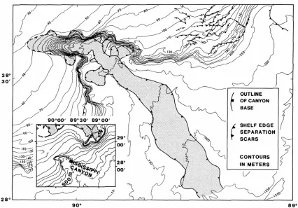 Figure 13. Bathymetric map of Mississippi Canyon area taken from Goodwin and Prior (1989)