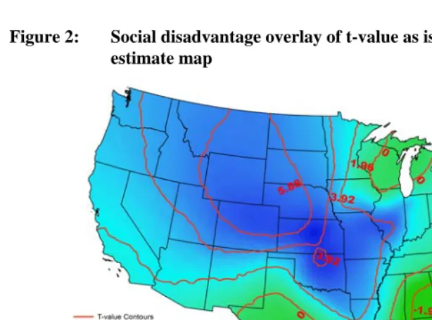 Figure 2: Social disadvantage overlay of t-value as isolines on parameter estimate map  