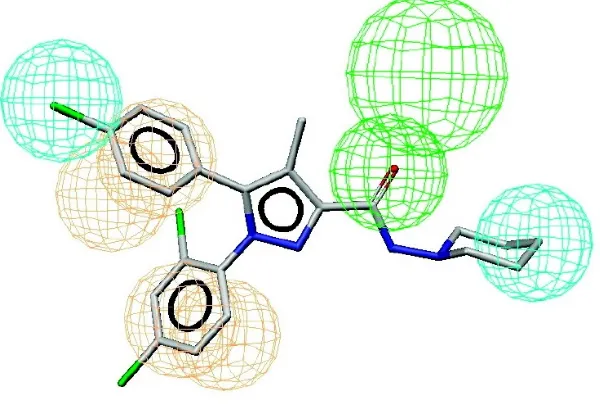Figure 1.1.3: aromatic features.  C) Green spheres represent hydrogen bonding features (small: hydrogen bond acceptor, large: hydrogen bond donor)