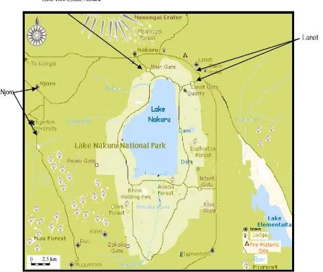 Figure 2. Lake Nakuru National Park and the study sites. Source: Shah (2016). 