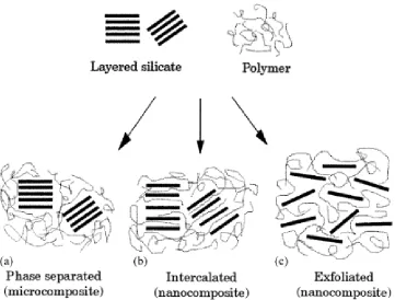 Figure 1.2 Different types of composite arising from the interaction of layered silicates and polymers[6] 