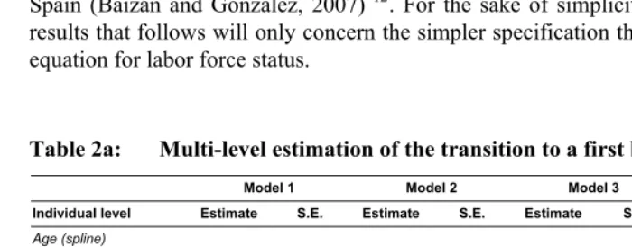 Table 2a: Multi-level estimation of the transition to a first birth 
