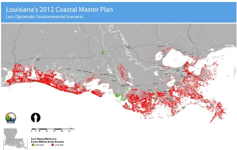 Figure 1.2 Coastal Louisiana land loss predictions for the next 50 years. Areas of red represent land loss while areas of green represent land building (Coastal Protection and Restoration Authority of Louisiana, 2012)