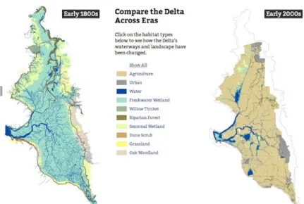 Figure 1.3 Historic marsh changes in Sacramento-San Joaquin Delta (Christensen, http://science.kqed.org/quest/delta-map/)