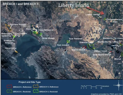 Figure 1.7 Site locations for BREACH I and II studies, with Liberty Island, site of the current  BREACH III study, highlighted (www.depts.washington.edu/calfed/breachii.htm)