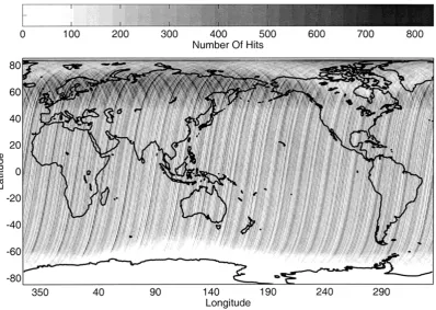 Fig. 2. Number of hits in each 1-degree by 1-degree bin, Ørsted nighttime vector data.