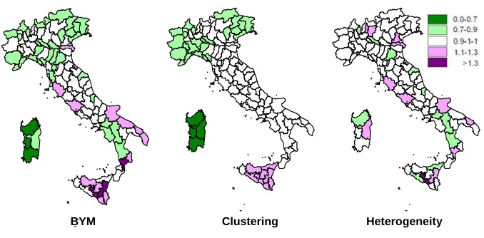 Figure 8: Maps of the BYMs, clustering (S) and heterogeneity (H) estimates, malignant neoplasms in men aged 1-29