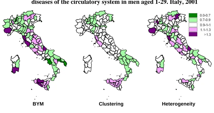 Figure 10: Maps of the BYMs, clustering (S) and heterogeneity (H) estimates, external causes of death in men aged 30-54