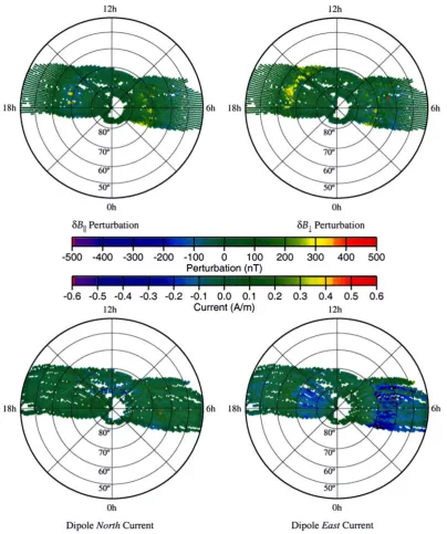 Fig. 2. As Fig. 1 for the Northern hemisphere winter season, under active magnetic ﬁeld conditions and from the 58 ‘active’ Magsat orbits during December1979 and January 1980