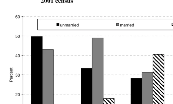 Figure 11: Distribution of women (aged 18–34) by union status and ethnic group,   2001 census 