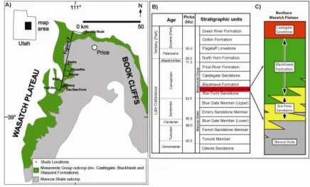 Figure 1: The present study focuses on the north-eastern Wasatch Plateau (A), contagious with the famous Book Cliffs