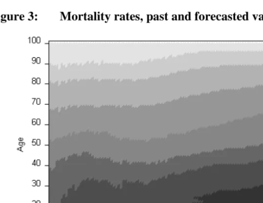 Figure 3: Mortality rates, past and forecasted values, males 