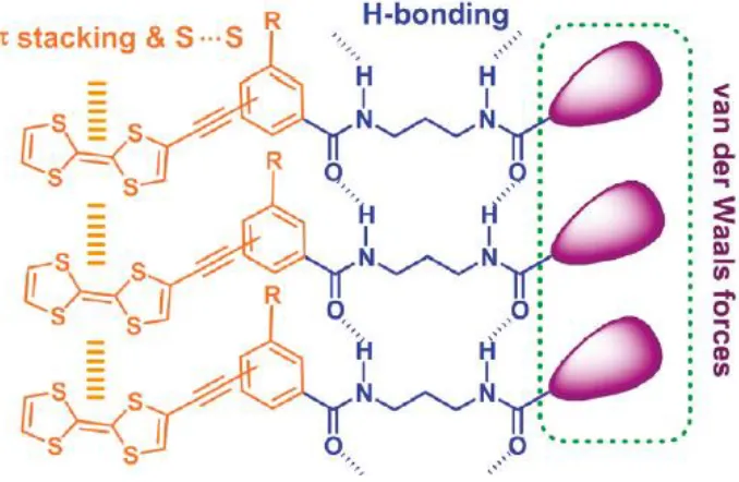 Figure 1.2  An intermolecular bonding array of TTF gelators depicting the various non-covalent interactions associated with LMWGs