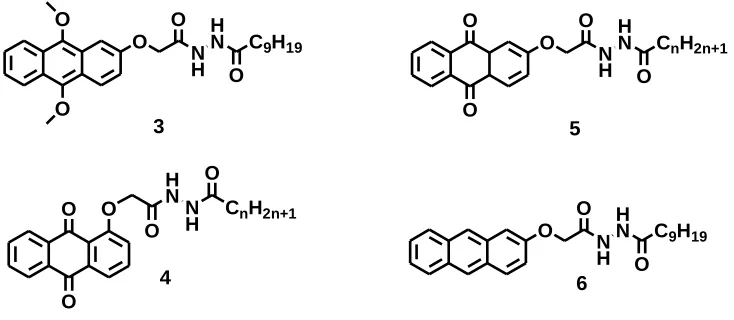 Figure 1.5 2-substituted anthriquinone structures 3-6                                             
