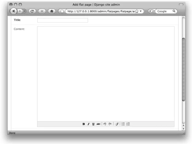 Figure 3-1. The flat-pages admin form with rich-text editor