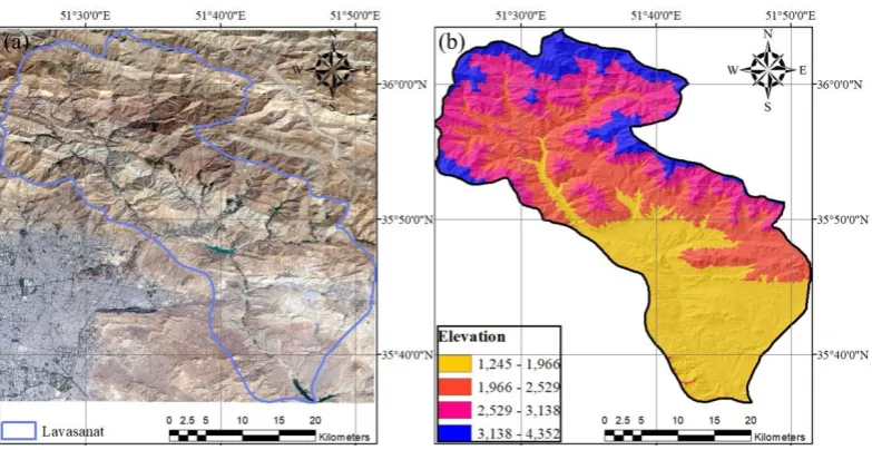 Fig. 1: Study area Maps of a) Lavasanat basin, and b) Elevation ranges  