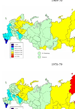 Figure 2b: Variation of age-standardized mortality rate among  73 administrative units in 1969-70, 1978-79,  1988-89 and 1993-94