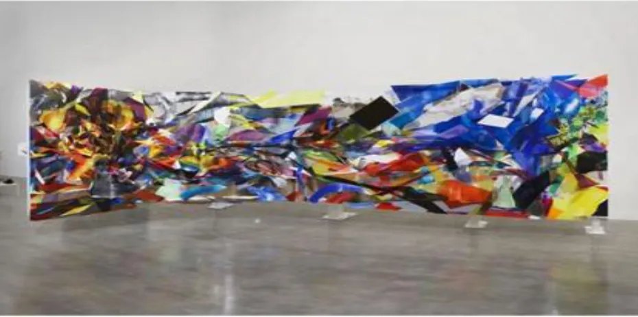 Fig. 3  Kristin Baker, Flying Curve, Differential Manifold, acrylic on acrylic with powder coated steel   freestanding structure, 2007, 96 x 360 in