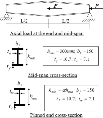 Fig. 6  - A simply supported tapered I-beam: geometry, material and loading positions