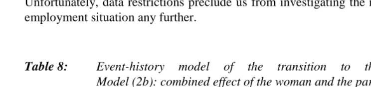 Table 8:Event-history model of the transition to the second child,Model (2b): combined effect of the woman and the partner’s education