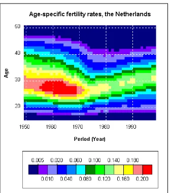 Figure 1. ASFRs 1950-1999, the Netherlands (all births)