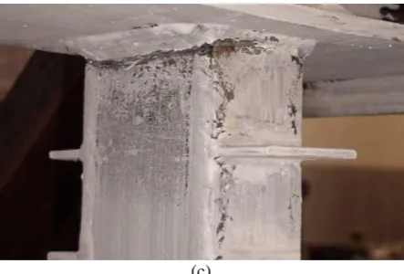 Fig. 11: The model and specimen 4 at the end of loading: a) Equivalent plastic strain; b) Von Mises stress c) White wash splashing in the specimen  