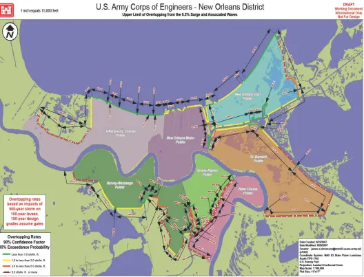 Figure 1:  The Hurricane Storm Damage Risk Reduction System (HSDRRS) at 100 year elevations and with a 500 year storm event applied