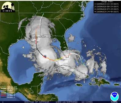 Figure 5:  Hurricane Katrina’s path and strength according to NOAA. 