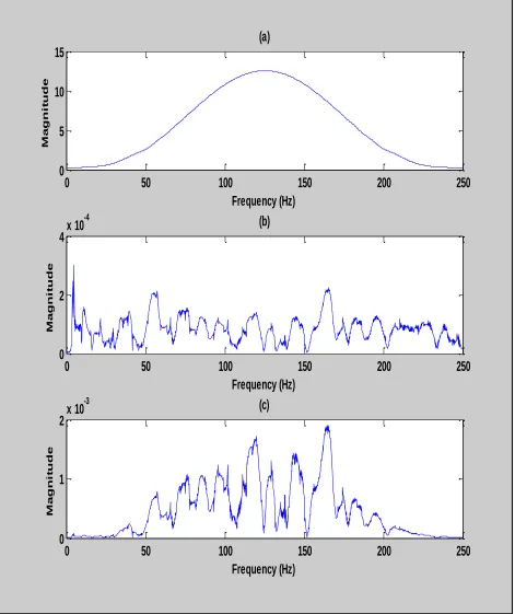 Figure 1.2.  (a) The source signal spectrum. (b) Spectrum of Green's function, (c) Spectrum of measured signal