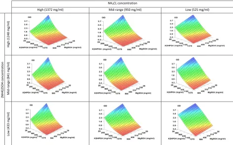 Figure 5. 3-D plots of OD predicted by the ANNs at fixed low, mid-range, and high values for NH4CL and (NH4)2SO4 concentrations 