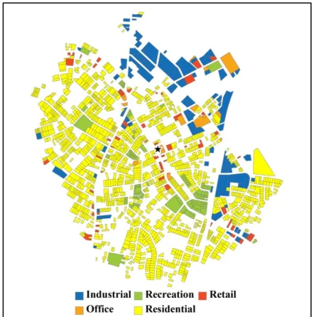 Figure 11: Selected 1km network buffer parcels classified by 3 land use categories. 