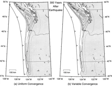 Fig. 12. Uplift rates at 300 year after the great earthquake for (a) the uniform convergence model and (b) the variable convergence model