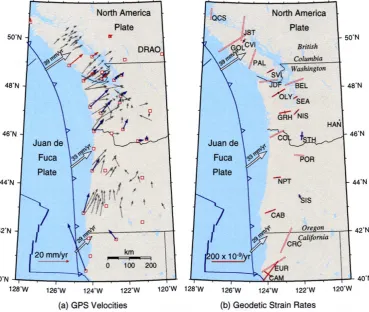 Fig. 1.(a) Summary of published GPS velocities in the Cascadia subduction zone. All velocities are relative to reference station DRAO in BritishColumbia