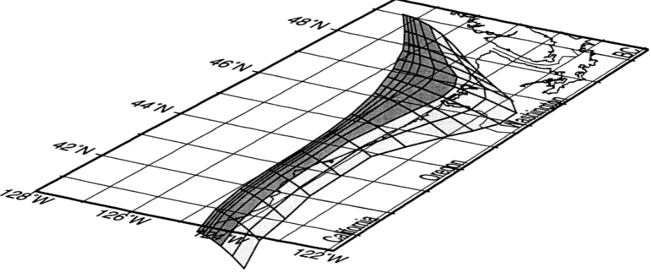 Fig. 3. The geometry of the locked (dark shading) and transition (light shading) zones of the Cascadia subduction fault in the 3-D dislocation model ofFluck¨ et al
