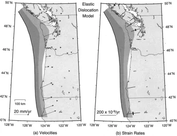 Fig. 4. (a) Velocities relative to remote model boundaries and (b) strain rates predicted by the 3-D elastic dislocation model of Fluck¨ et al