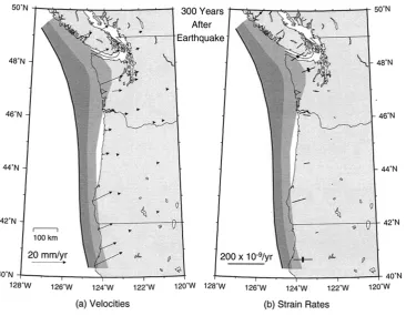 Fig. 7. (a) Velocities and (b) principal strain rates (thin bar representing contraction) predicted by the uniform convergence viscoelastic model at 50 yearsafter the great earthquake.