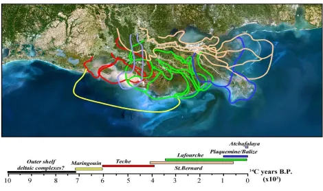 Figure 2 - Map showing the timing and spatial relationships between various delta complexes of the Mississippi River