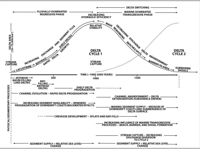 Figure 3 - Conceptual model of the delta cycle. The top half of the graph has two scales: Delta area and time