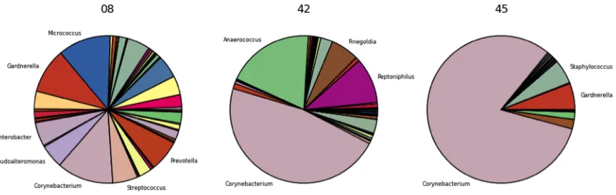Figure   3.   Example   pie   chart   figures   show   bacterial   composition   at   the   genus   level   of   three   random   samples   from   a   bacterial   vaginosis   study   analyzed   using   the   framework