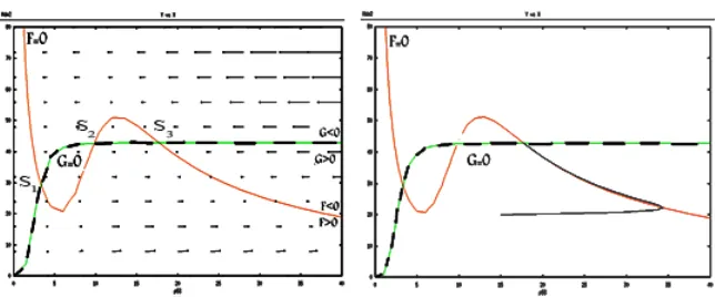Figure 8: The vector ﬁeld and nullclines and trajectory solution for the ﬁfthcase