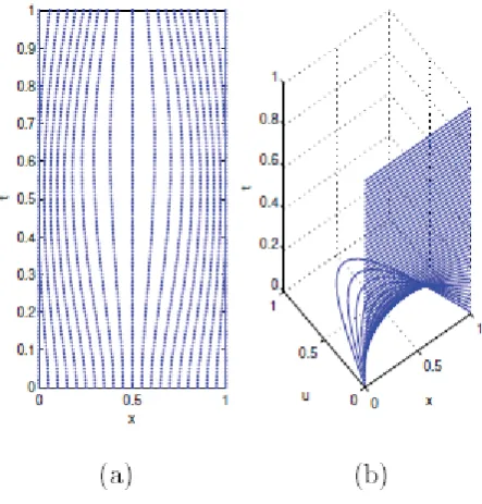 Fig. 7: The mesh trajectory and solution of the second problem for 0 ≤ x ≤ 1 and0 ≤ t ≤ 1.0 with adaptive level set method(MMPDE6) of 21 mesh point.