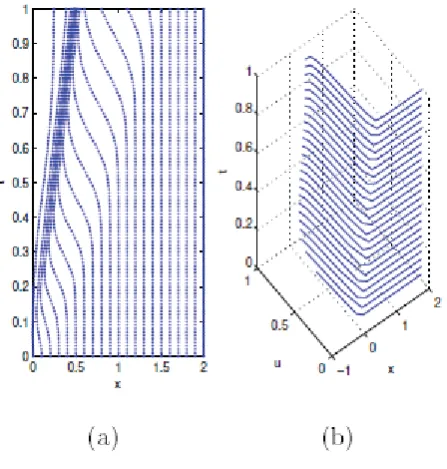 Fig. 1: The mesh trajectory and solution of the ﬁrst example for 0level set method(MMPDE5) of 21 mesh point,( ≤ t ≤ 1.0 with adaptiveμ = 0.5, λ = 0.4, ε = 0.01, β = 0).
