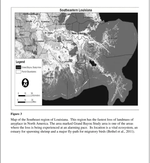 Figure 3 Map of the Southeast region of Louisiana.  This region has the fastest loss of landmass of anyplace in North America