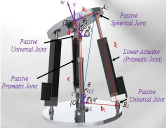 Figure 1: Tricept structure and geometric model. 