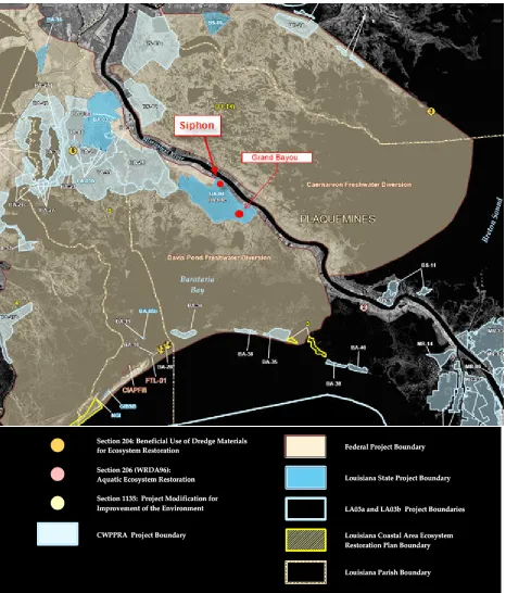 Figure 2.  Selected Louisiana Coastal Restoration Projects 2005 map showing geographical relation of projects to Grand Bayou (CWPPRA project map courtesy of www.lacoast.gov)